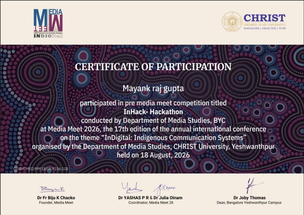 InHack - Hackathon (Media Meet 2026) certificate from Department of Media Studies, CHRIST (Deemed to be University), Yeshwanthpur
