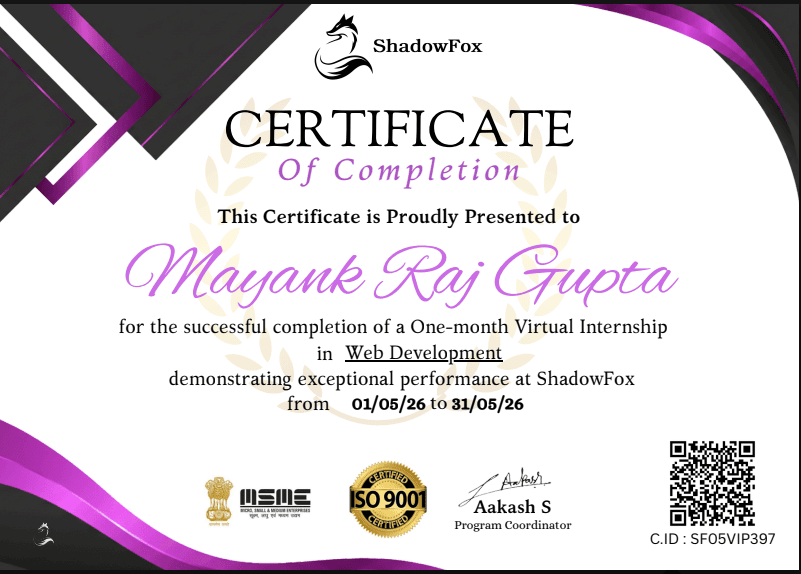 Web Development Virtual Internship certificate from ShadowFox