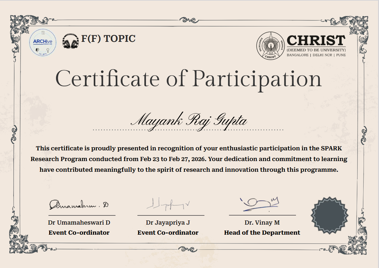SPARK Research Program certificate from CHRIST (Deemed to be University)