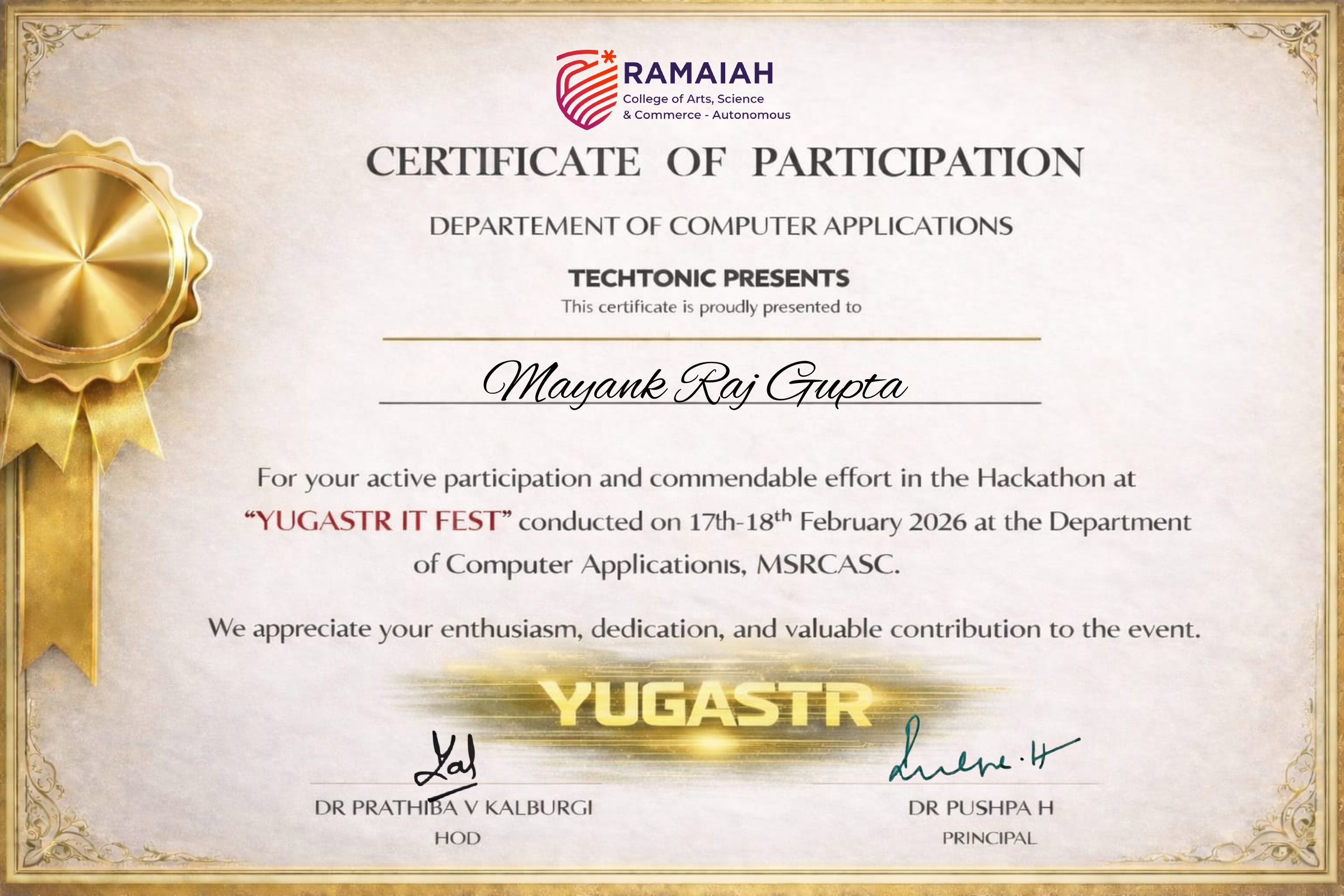 YUGASTR IT FEST Hackathon certificate from Ramaiah College of Arts, Science & Commerce