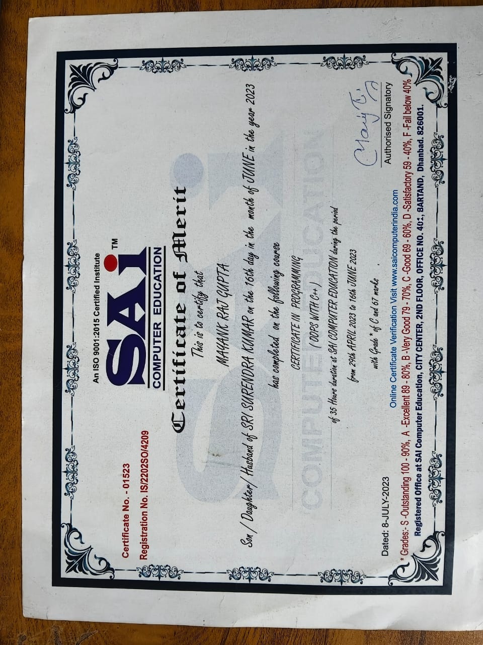 C++ Programming certificate from Sai Computer Education